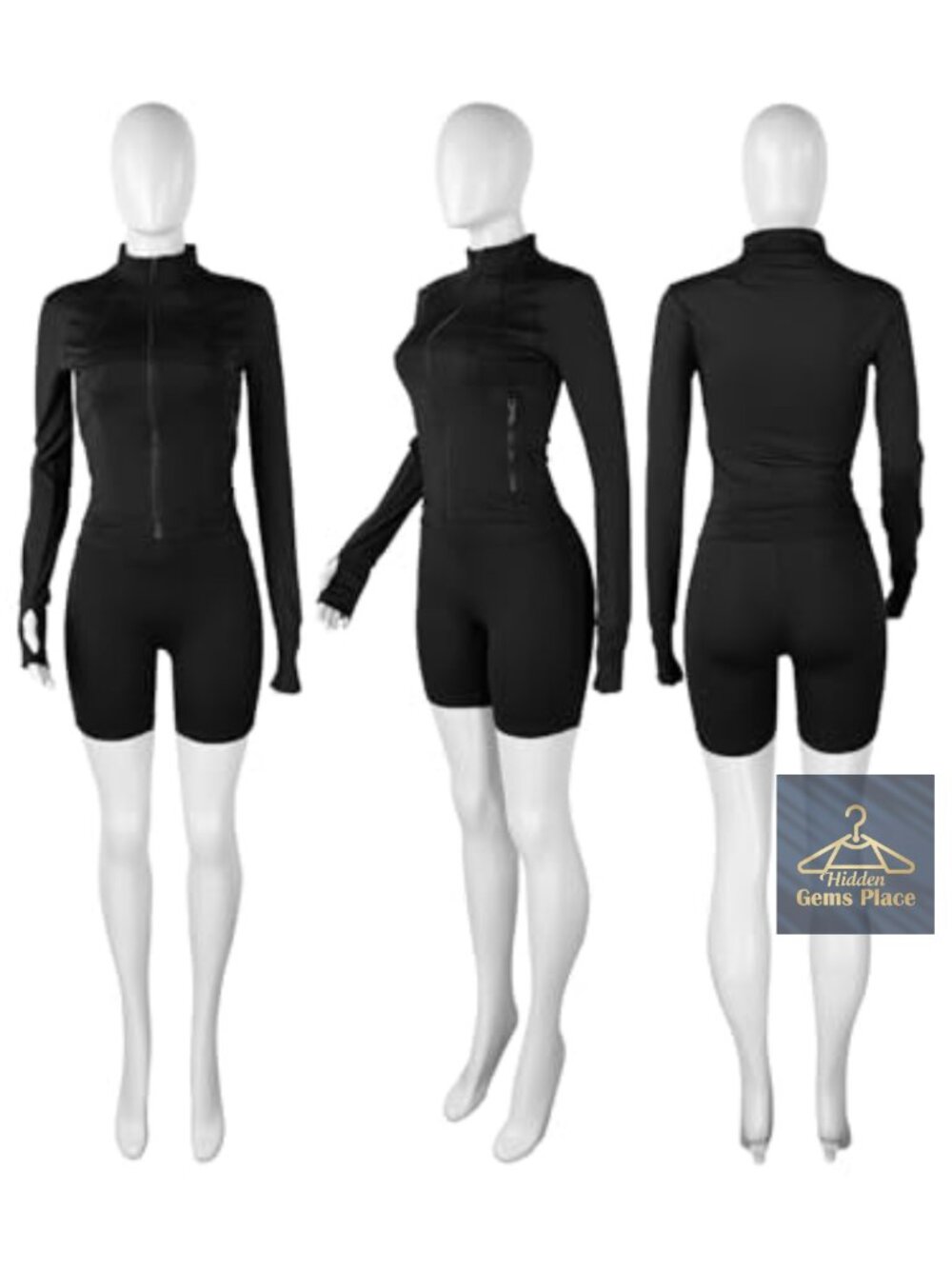 Two Piece Short Set Long Sleeve Zip Jacket Biker Shorts Sweatsuit - Picture 6 of 7